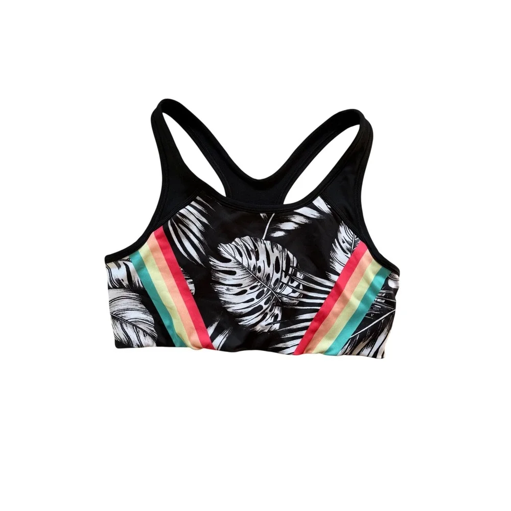 PINK Victoria's Secret Sports Bra Women Large Black Tropical Palm Rainbow Stripe